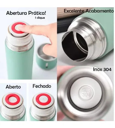 Garrafa Térmica a Vácuo Inox 500ml com 3 Xícaras – Bebida Quente ou Fria por Horas