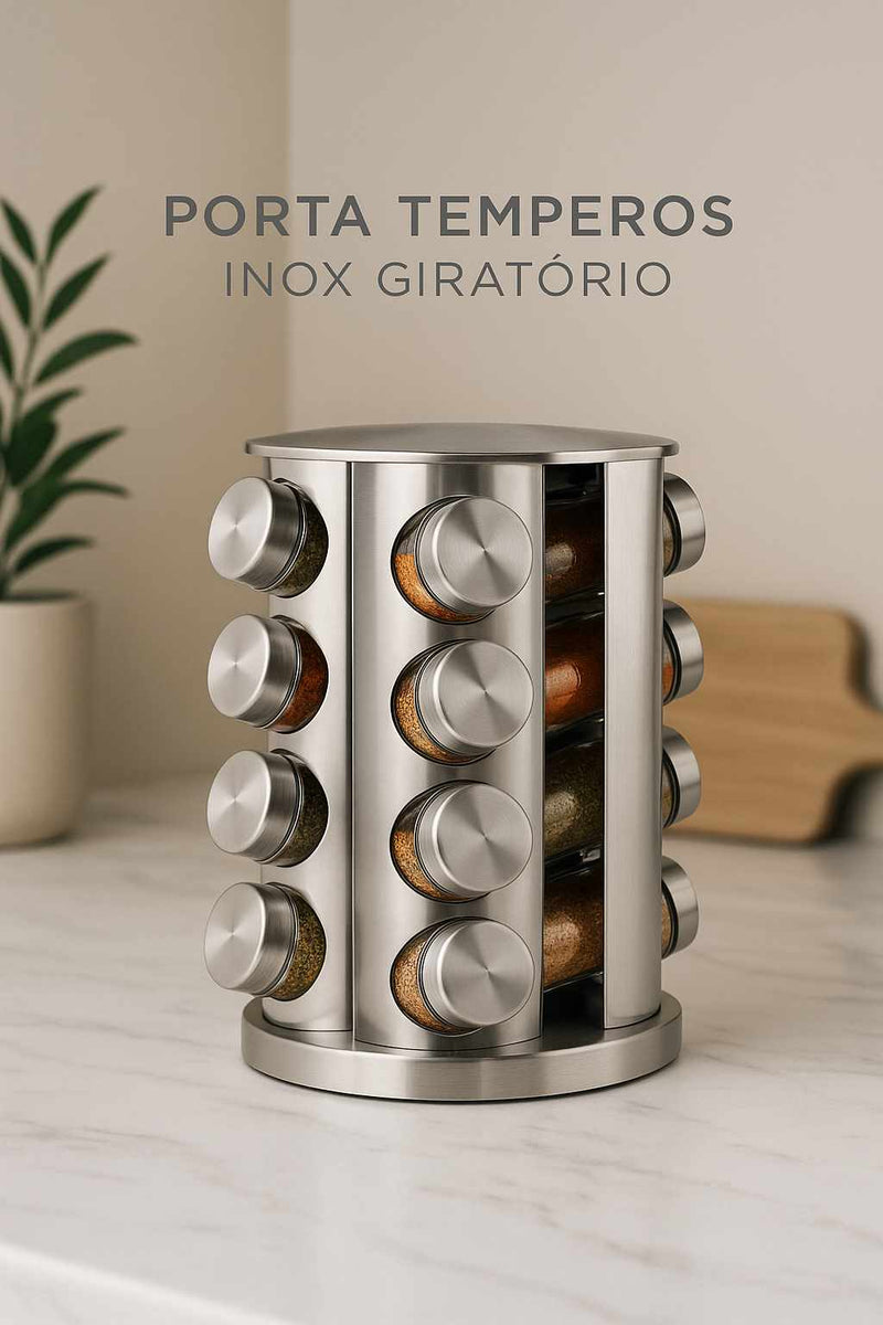 Porta Temperos Em Aço Inoxidável 16 Potes Giratório Redondo
