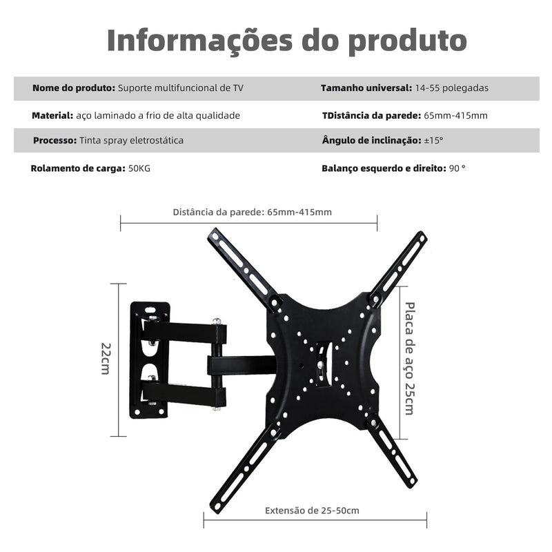 Suporte Multifuncional de TV Articulado – Ajuste Livre e Instalação Fácil